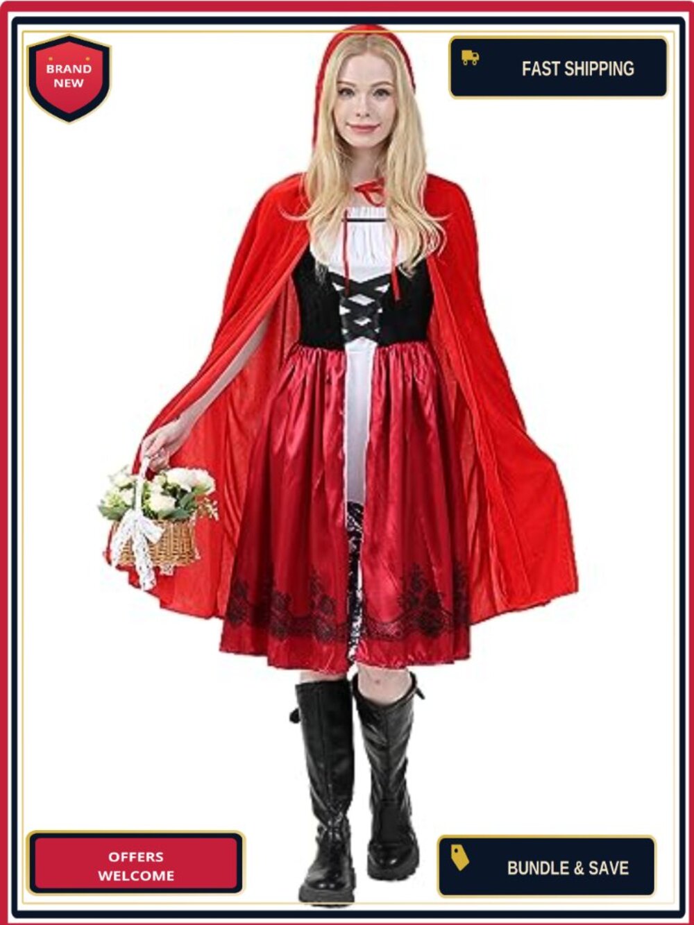 Women's Little Red Riding Hood Costume Velvet Dress Cape Hooded Halloween